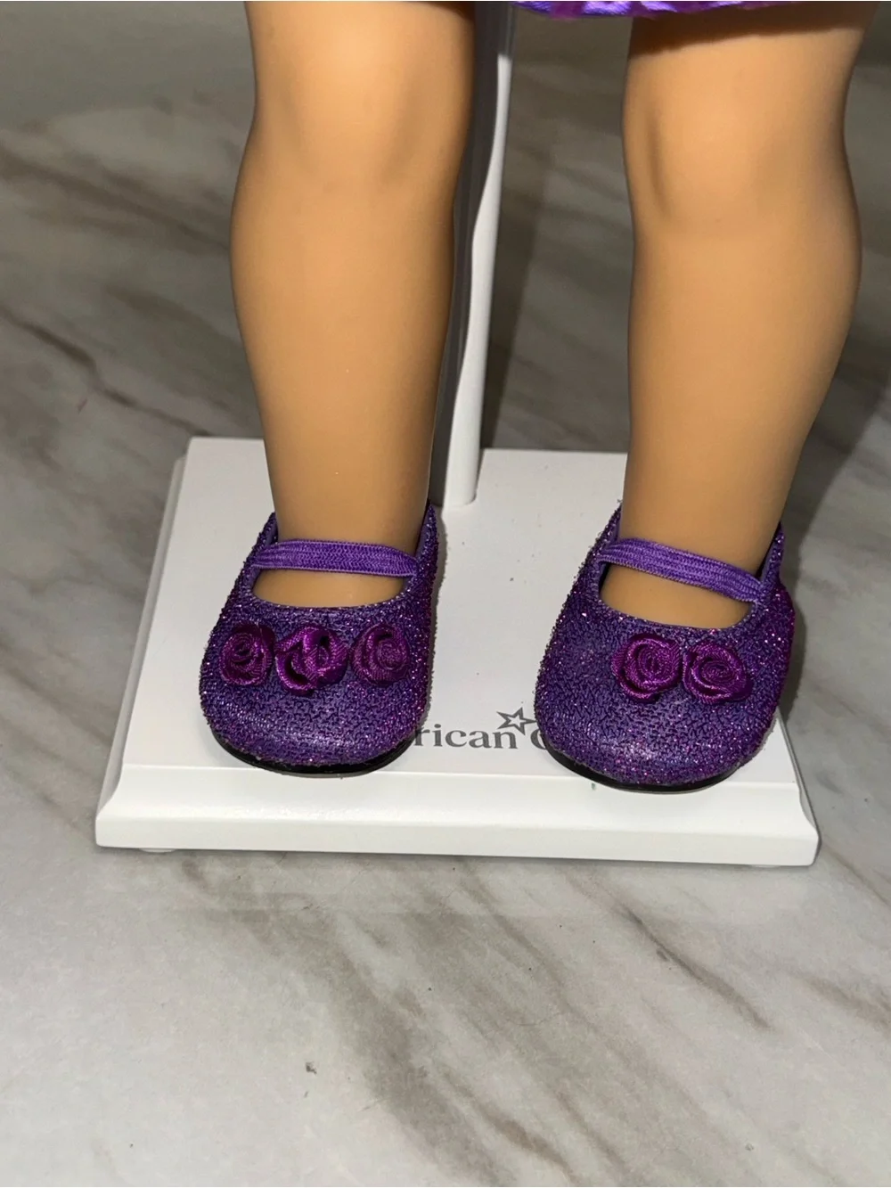 18” dolls purple satin dress rhinestone belt clasp pearl necklace & sparkle shoe